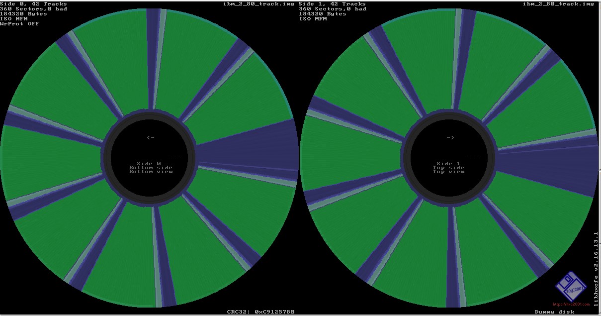 A flux stream opened in the HxC Floppy Emulator software. Green means the capture is done successfully. This view also provides information on the floppy disk itself, showcasing how many sides there are, how many sectors and how many tracks are present on the floppy disk.